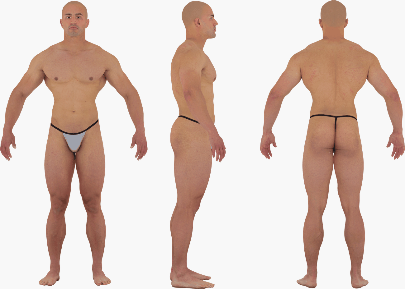 PBR texture map set for a male 3D body scan including Albedo, Normals, Specular, Metalness and Diffuse at 16K resolution